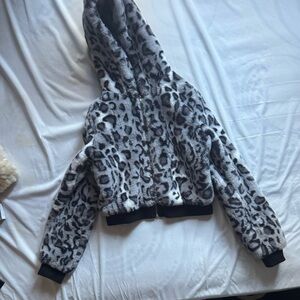 Leopard print faux fur hooded jacket sweater